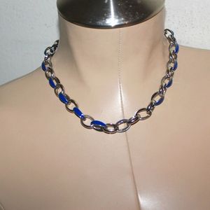 Grunge Blue Silver Chain Link Choker Necklace